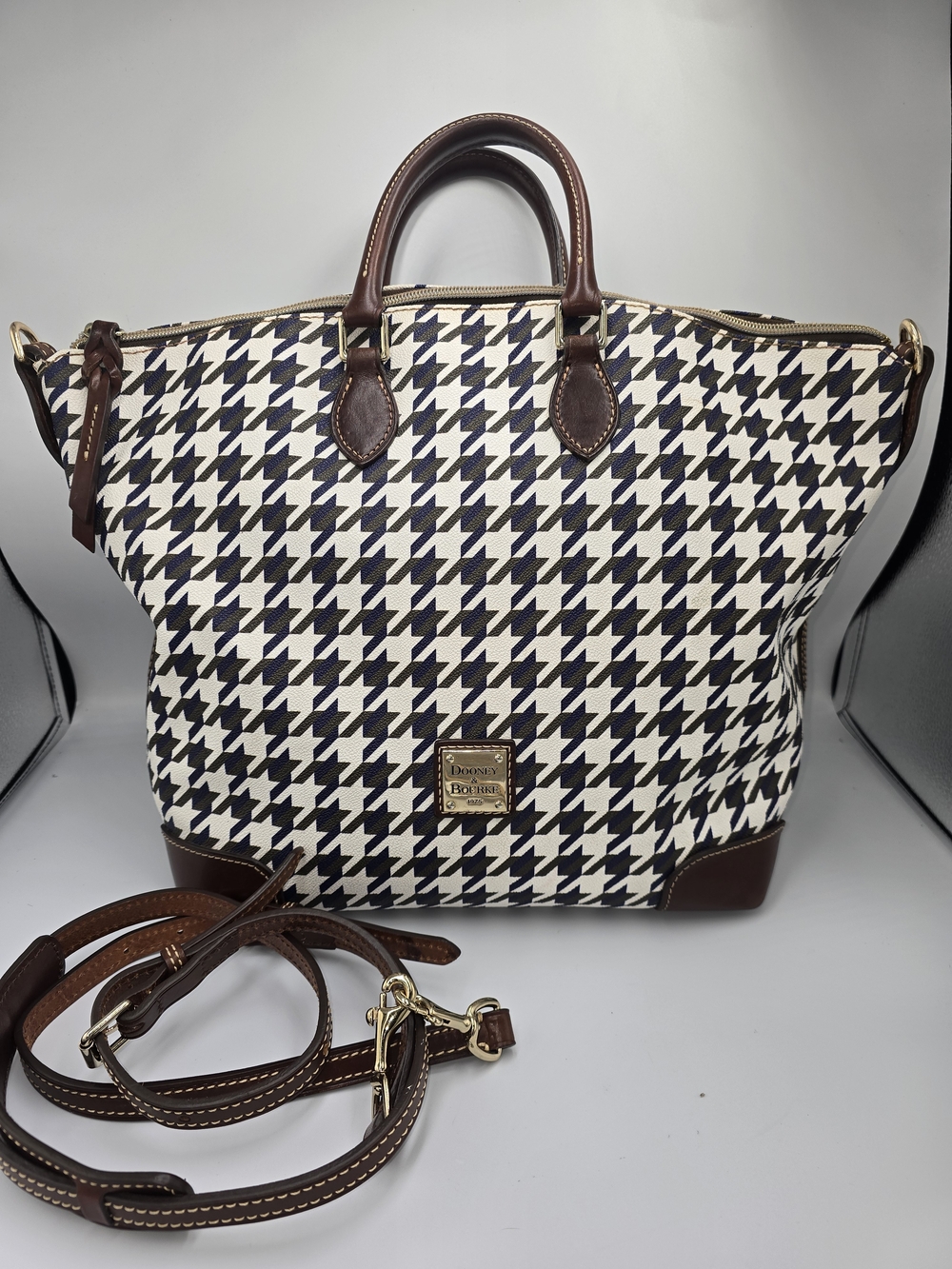 DOONEY & BOURKE Large Houndstooth Domed Satchel Navy Blue Olive Green Crossbody*